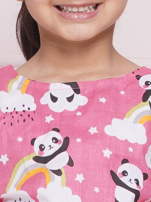 Pink Sleeveless Cotton CO-ORD Set with panda rainbow and cloud Print and Round Neck for Girls