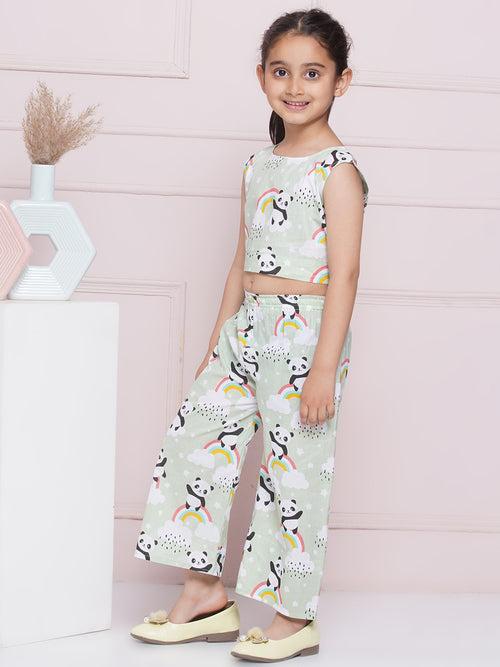 Pista Sleeveless Cotton CO-ORD Set with panda rainbow and cloud Print and Round Neck for Girls