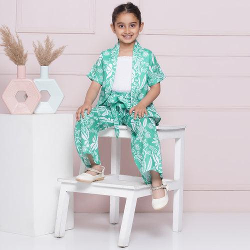 AJ Dezines Half Sleeves Green Tropical Print Cotton Top Pant and Shrug for Girls