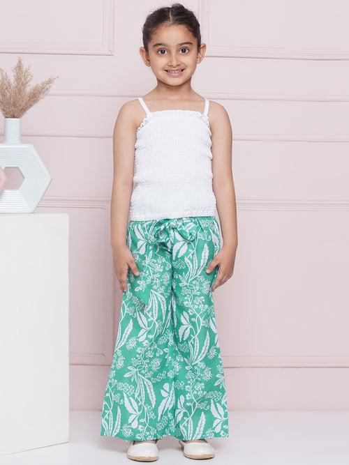 AJ Dezines Half Sleeves Green Tropical Print Cotton Top Pant and Shrug for Girls