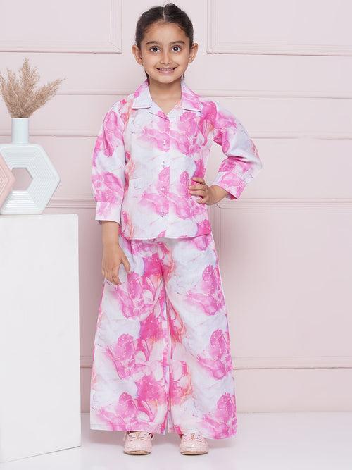 AJ Dezines Full Sleeves Pink Watermark Print Cotton Top and Pant for Girls