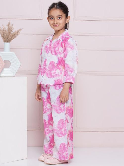 AJ Dezines Full Sleeves Pink Watermark Print Cotton Top and Pant for Girls