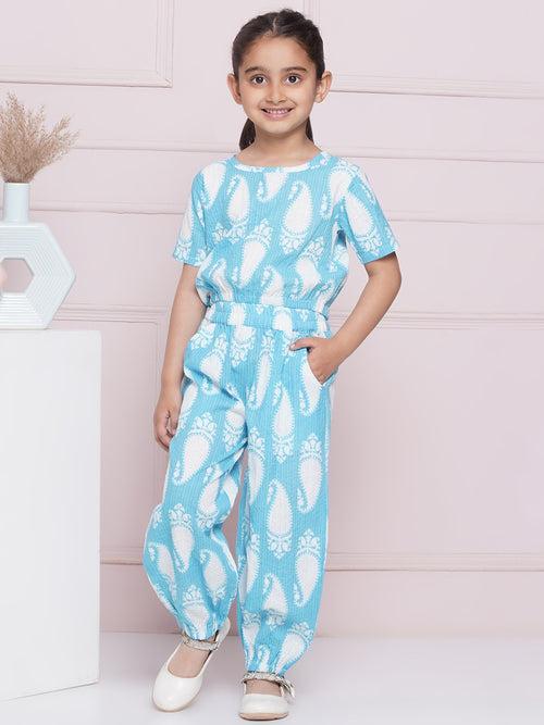 AJ Dezines Half Sleeves Blue Paisley Print Cotton Top and Pant for Girls