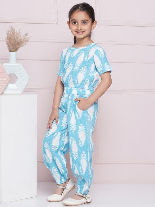 AJ Dezines Half Sleeves Blue Paisley Print Cotton Top and Pant for Girls