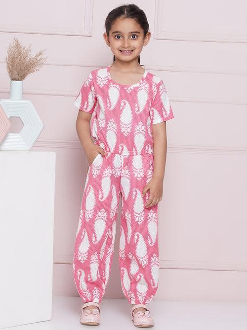 AJ Dezines Half Sleeves Pink Paisley Print Cotton Top and Pant for Girls