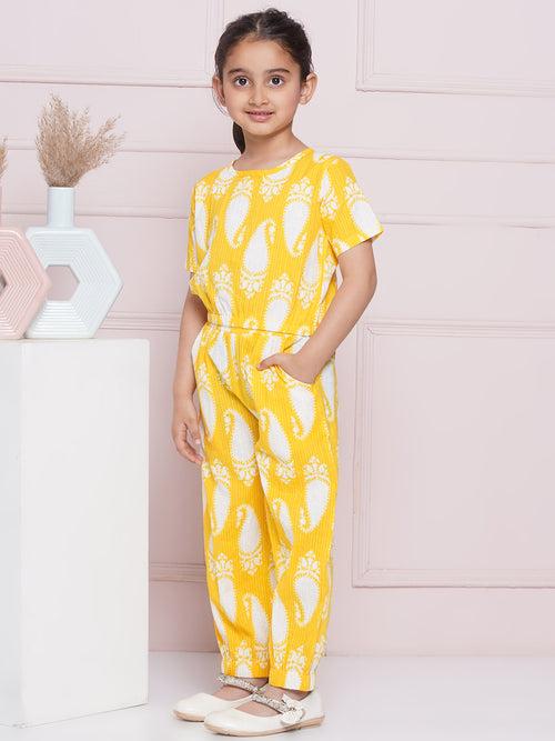 AJ Dezines Half Sleeves Yellow Paisley Print Cotton Top and Pant for Girls