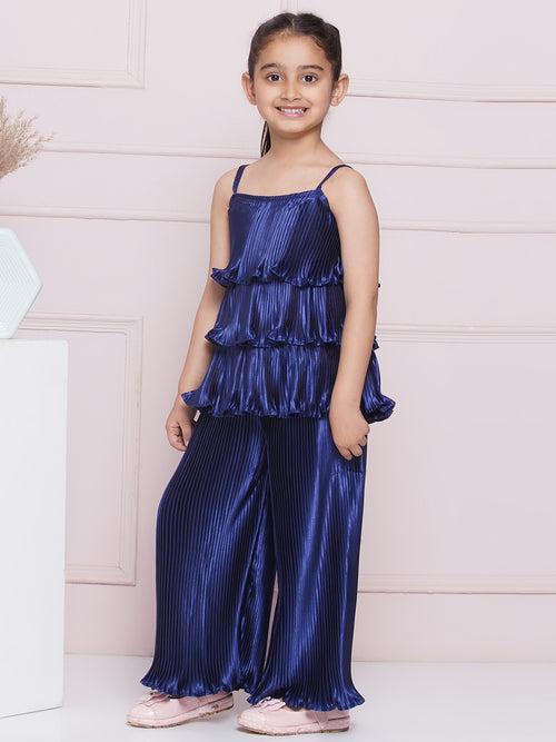 AJ Dezines Sleeveless Navy Solid Satin Top and Pant for Girls