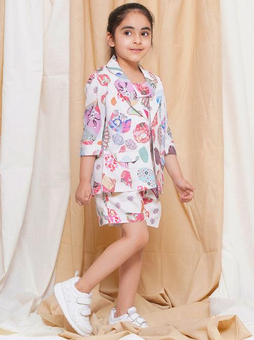 AJ Dezines Three Fourth sleeves Multi Color Printed Cotton Top Half Pant and Jacket for Girls