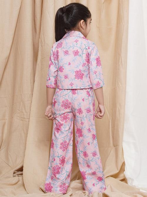 AJ Dezines Three Fourth sleeves Pink Printed Cotton Top Pant and Jacket for Girls