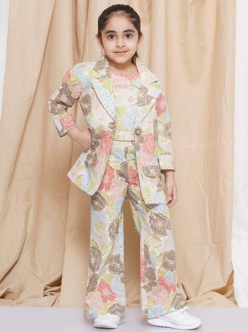 AJ Dezines Three Fourth sleeves Light Brown Printed Cotton Top Pant and Jacket for Girls