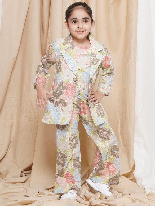 AJ Dezines Three Fourth sleeves Light Brown Printed Cotton Top Pant and Jacket for Girls