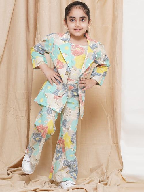 AJ Dezines Three Fourth sleeves Multi Color Printed Cotton Top Pant and Jacket for Girls