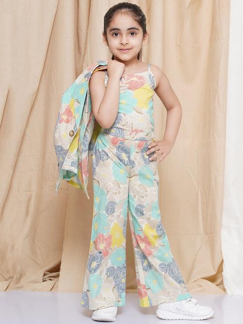 AJ Dezines Three Fourth sleeves Multi Color Printed Cotton Top Pant and Jacket for Girls