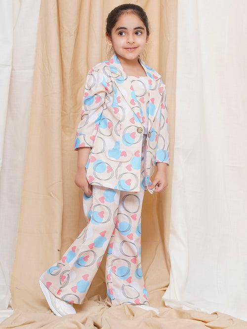 AJ Dezines Three Fourth sleeves Blue Color Printed Cotton Top Pant and Jacket for Girls