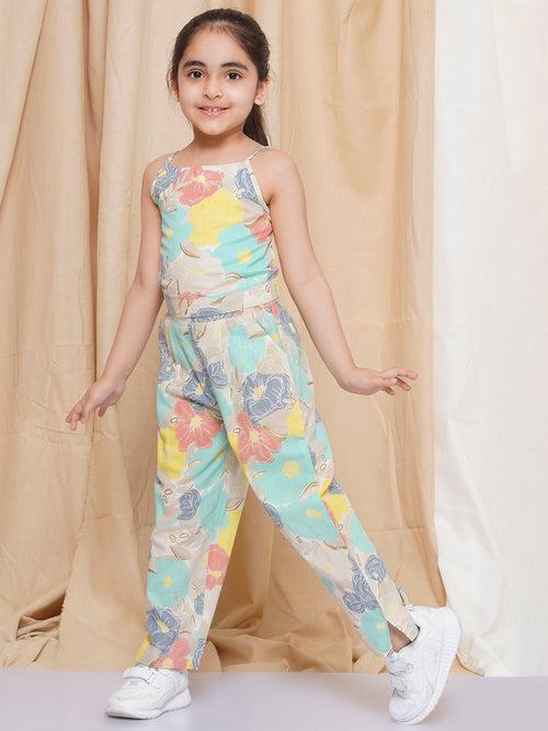 AJ Dezines Three Fourth sleeves Multi Color Printed Cotton Top Pant and Jacket for Girls