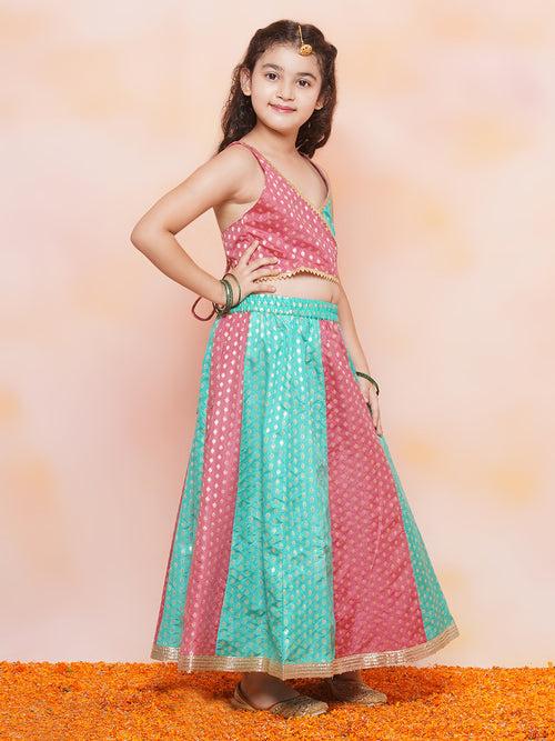 Girls Brocade Embroidered Print Turquoise Sleeveless Lehenga Choli Set For