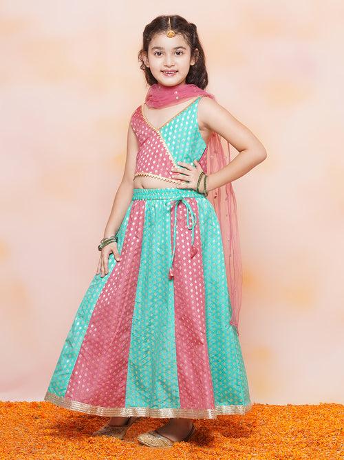 Girls Brocade Embroidered Print Turquoise Sleeveless Lehenga Choli Set For