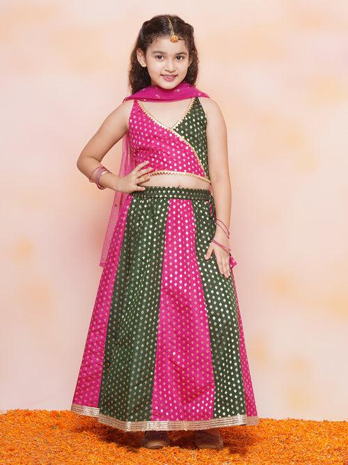 Girls Brocade Embroidered Print Green Sleeveless Lehenga Choli Set