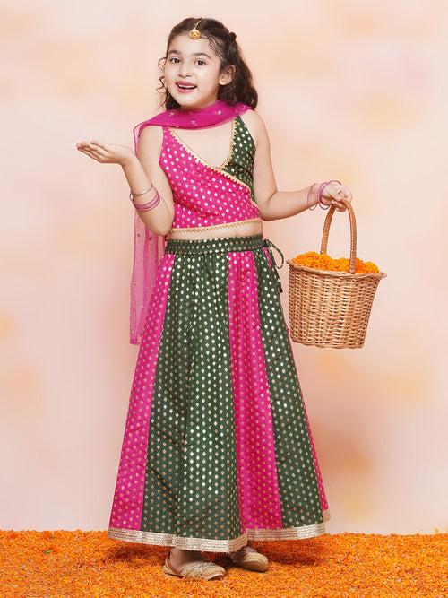 Girls Brocade Embroidered Print Green Sleeveless Lehenga Choli Set