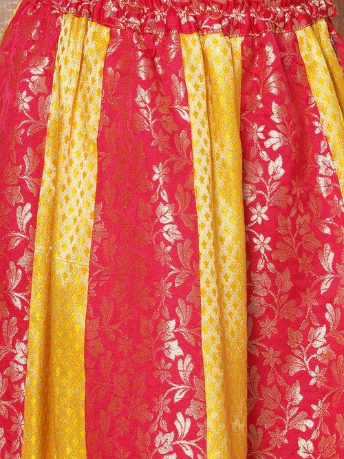 Girls Brocade Embroidered Print Red Sleeveless Lehenga Choli Set