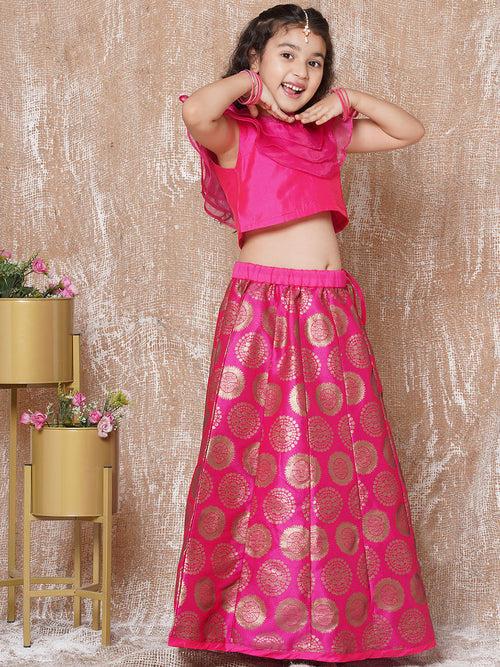 Girls Cotton Woven Design Print Sleeveless Pink Lehenga Choli Set