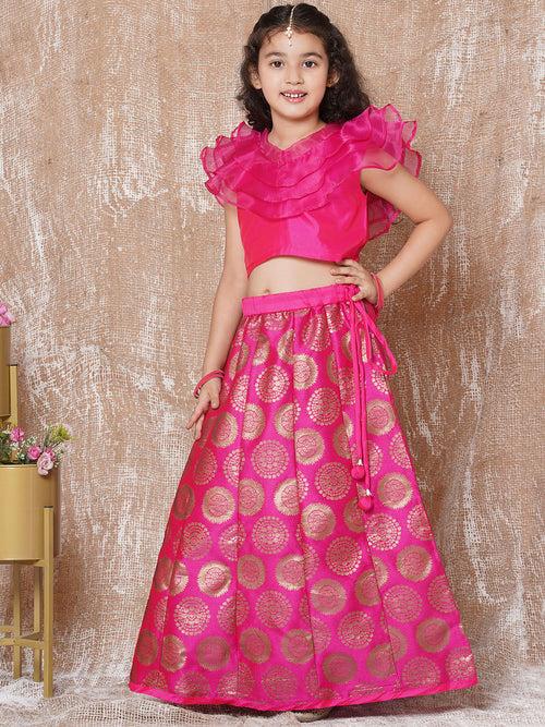 Girls Cotton Woven Design Print Sleeveless Pink Lehenga Choli Set