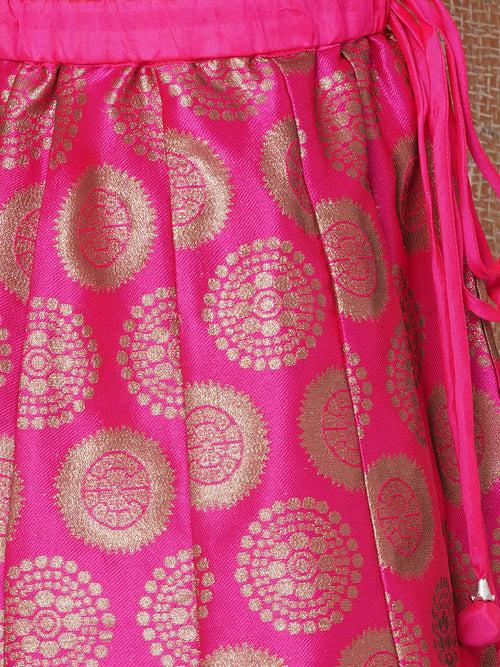 Girls Cotton Woven Design Print Sleeveless Pink Lehenga Choli Set