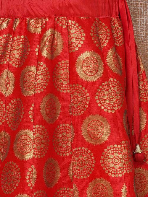 Girls Cotton Woven Design Print Sleeveless Red Lehenga Choli Set