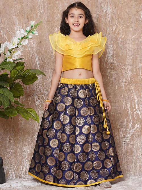 Girls Cotton Wooven Desgin Print Sleeveless Yellow Lehenga Choli Set