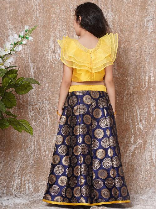 Girls Cotton Wooven Desgin Print Sleeveless Yellow Lehenga Choli Set