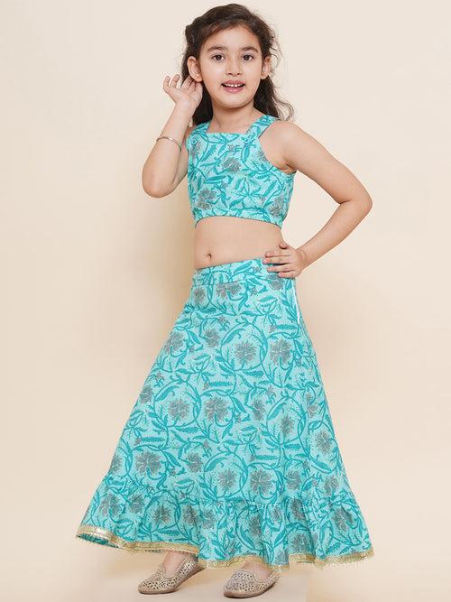 Kids Cotton Floral Printed Sleeveless Firozi Lehenga Choli Set For Girls