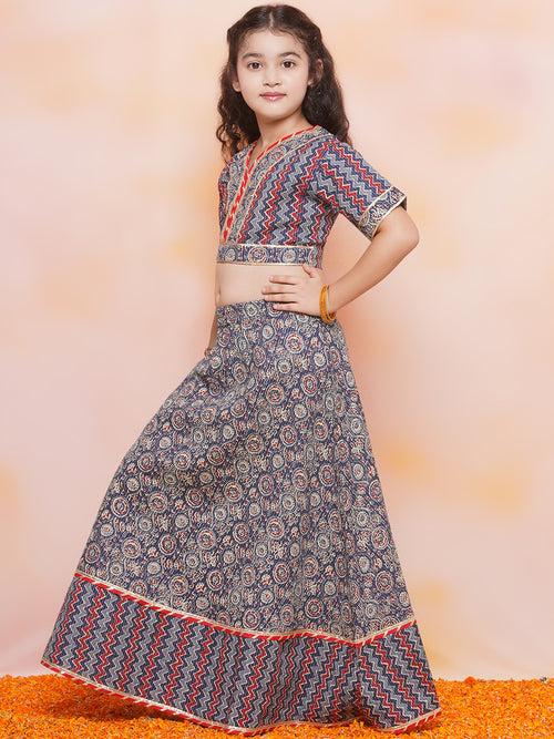 Kids Cotton Zigzag Print half Sleeve Blue Lehenga Choli Set For Girls