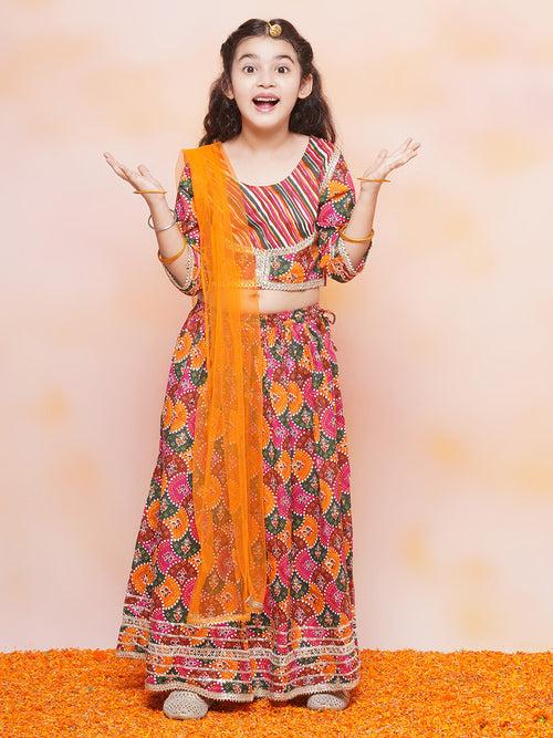 Girls Cotton Leheriya Print Orange Half Sleeve Lehenga Choli Set