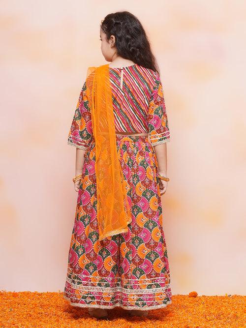 Girls Cotton Leheriya Print Orange Half Sleeve Lehenga Choli Set