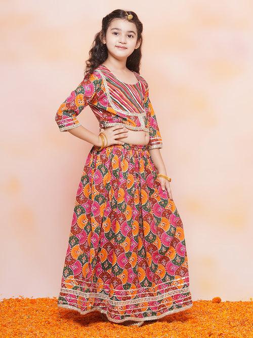 Girls Cotton Leheriya Print Orange Half Sleeve Lehenga Choli Set