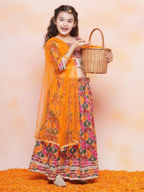 Girls Cotton Leheriya Print Orange Half Sleeve Lehenga Choli Set