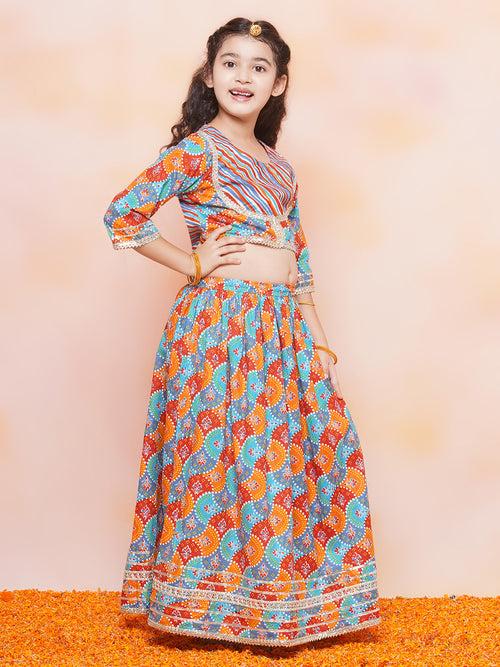 Girls Cotton Leheriya Print Sky Blue Half Sleeve Lehenga Choli Set