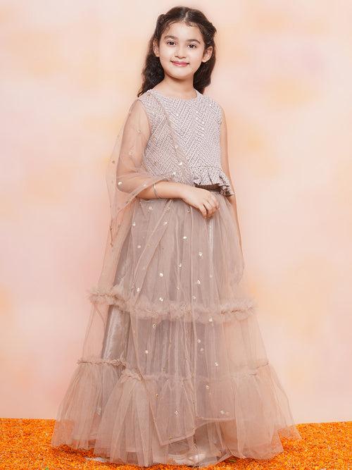 Kids Chiffli Chikankari Print Sleeveless Fawn Lehenga Choli Set For Girls