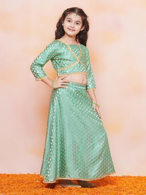 Girls Jacquard Brasso Print 3/4 th Sleeve Green Lehenga Choli Set