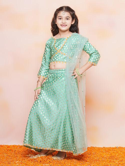 Girls Jacquard Brasso Print 3/4 th Sleeve Green Lehenga Choli Set