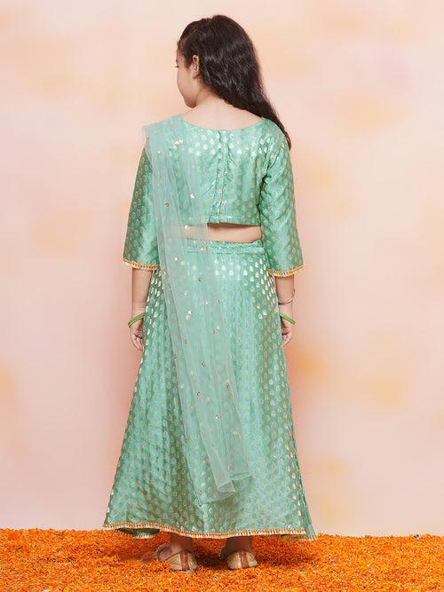 Girls Jacquard Brasso Print 3/4 th Sleeve Green Lehenga Choli Set