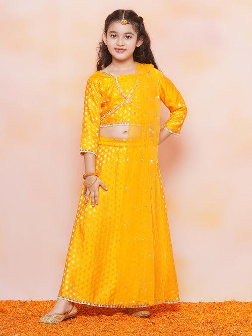 Girls Jacquard Brasso Print 3/4 th Sleeve Mustard Lehenga Choli Set