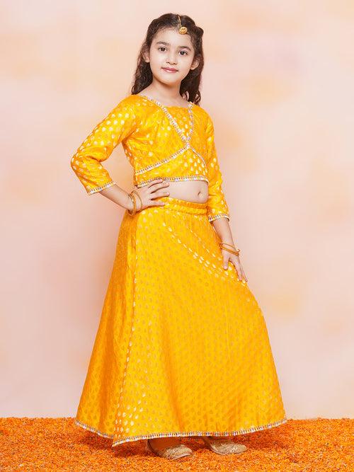 Girls Jacquard Brasso Print 3/4 th Sleeve Mustard Lehenga Choli Set