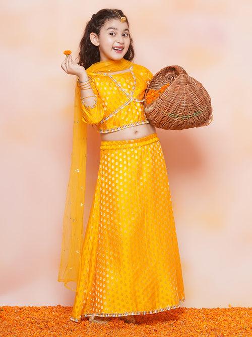 Girls Jacquard Brasso Print 3/4 th Sleeve Mustard Lehenga Choli Set