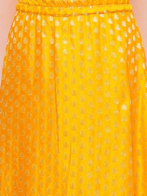 Girls Jacquard Brasso Print 3/4 th Sleeve Mustard Lehenga Choli Set