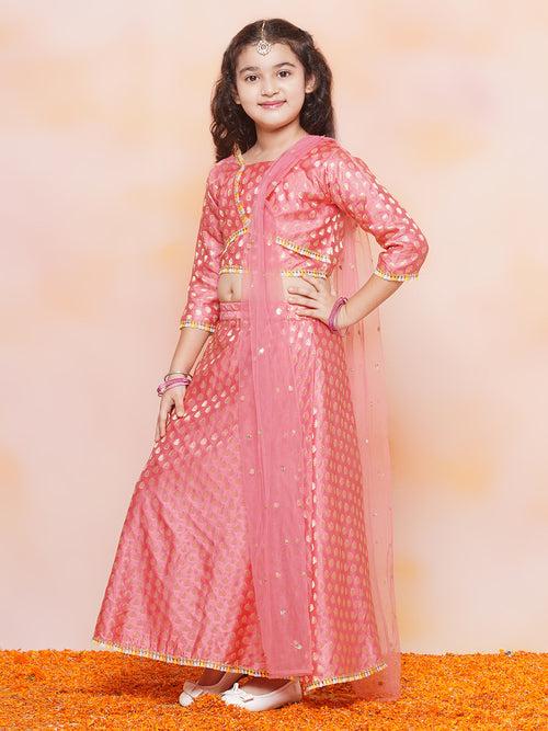 Girls Jacquard Brasso Print 3/4 th Sleeve Pink Lehenga Choli Set