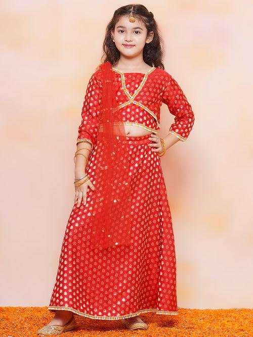 Girls Jacquard Brasso Print 3/4 th Sleeve Red Lehenga Choli Set