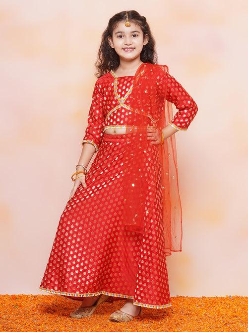 Girls Jacquard Brasso Print 3/4 th Sleeve Red Lehenga Choli Set