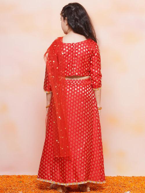 Girls Jacquard Brasso Print 3/4 th Sleeve Red Lehenga Choli Set