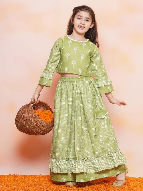 Kids Cotton Printed 3/4th Sleeve Green Lehenga Choli Set For Girls